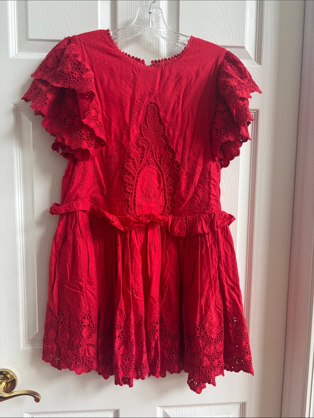 Tularosa Red Lace-Trim Puff Sleeve Dress